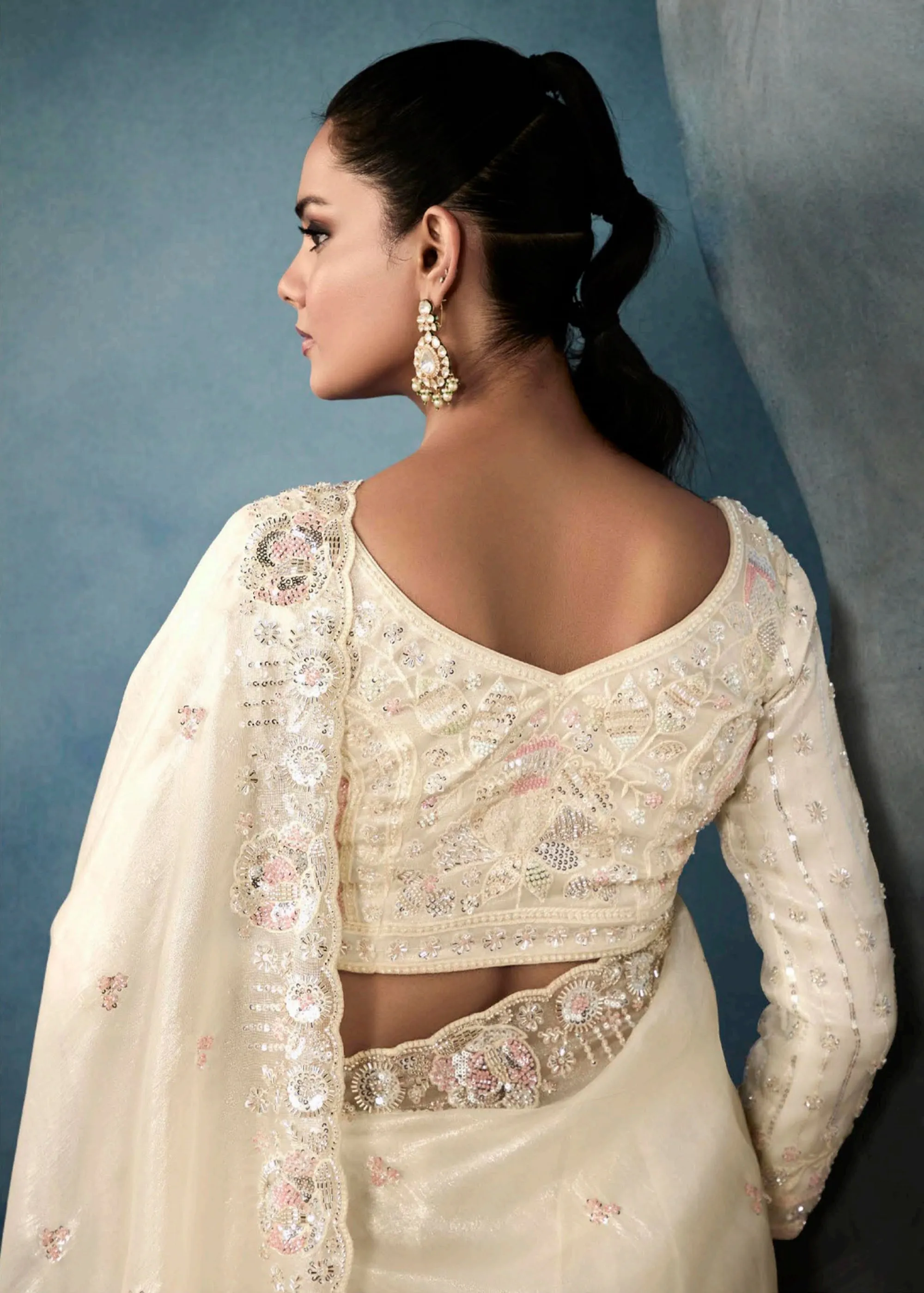 Snow White Embroidered Designer Tissue Silk Saree