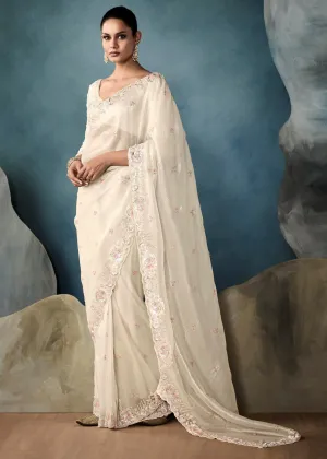 Snow White Embroidered Designer Tissue Silk Saree