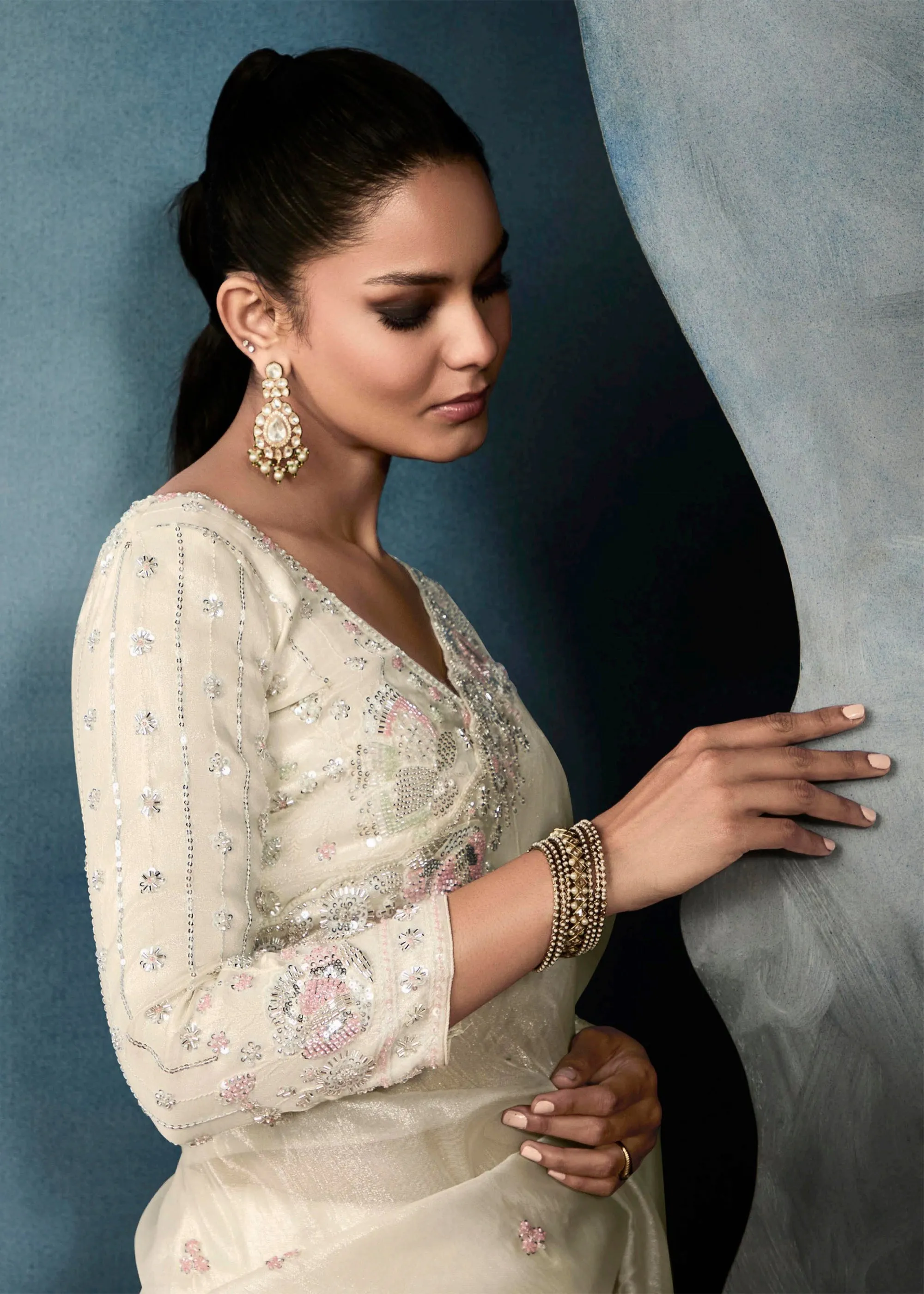 Snow White Embroidered Designer Tissue Silk Saree