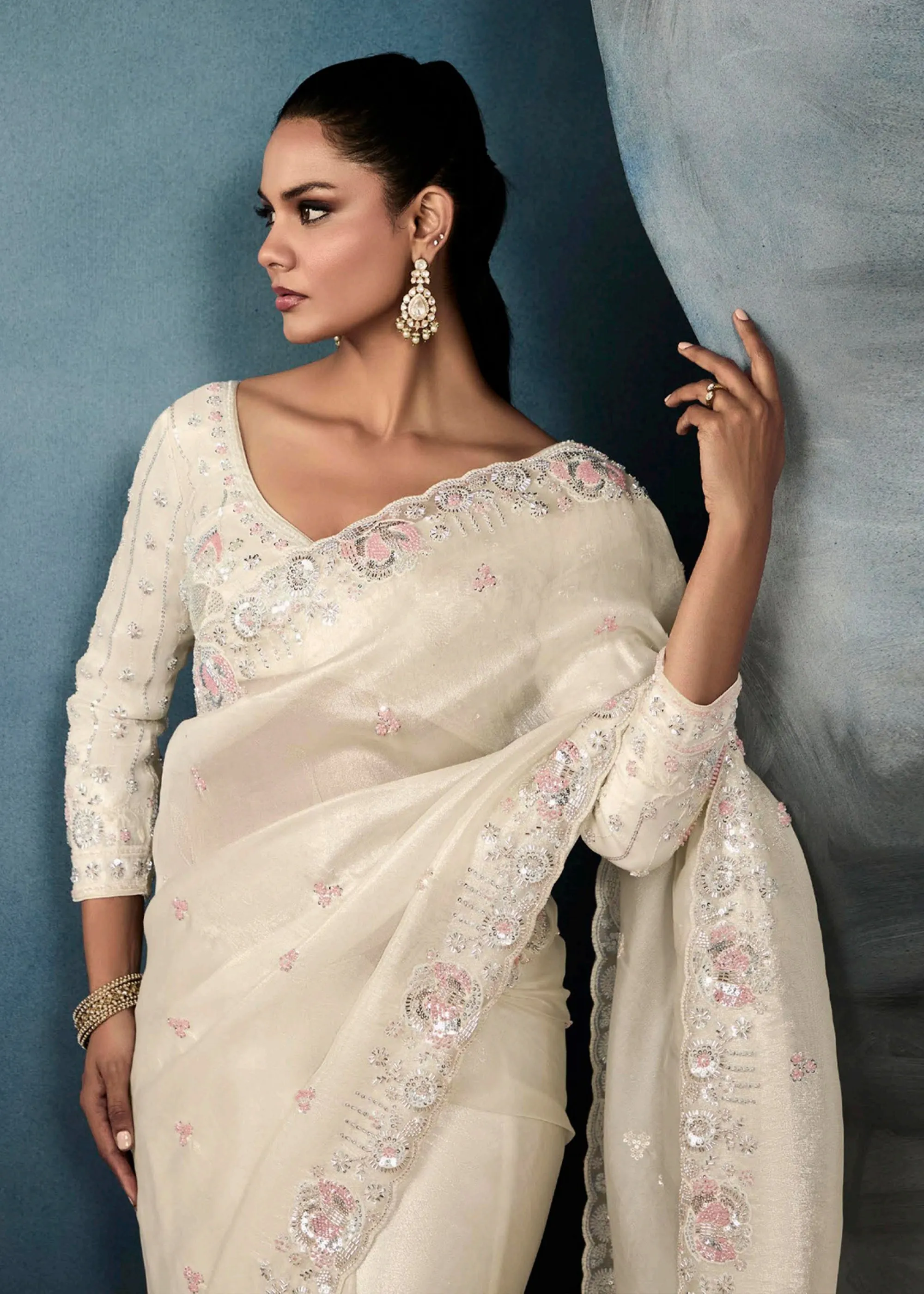 Snow White Embroidered Designer Tissue Silk Saree