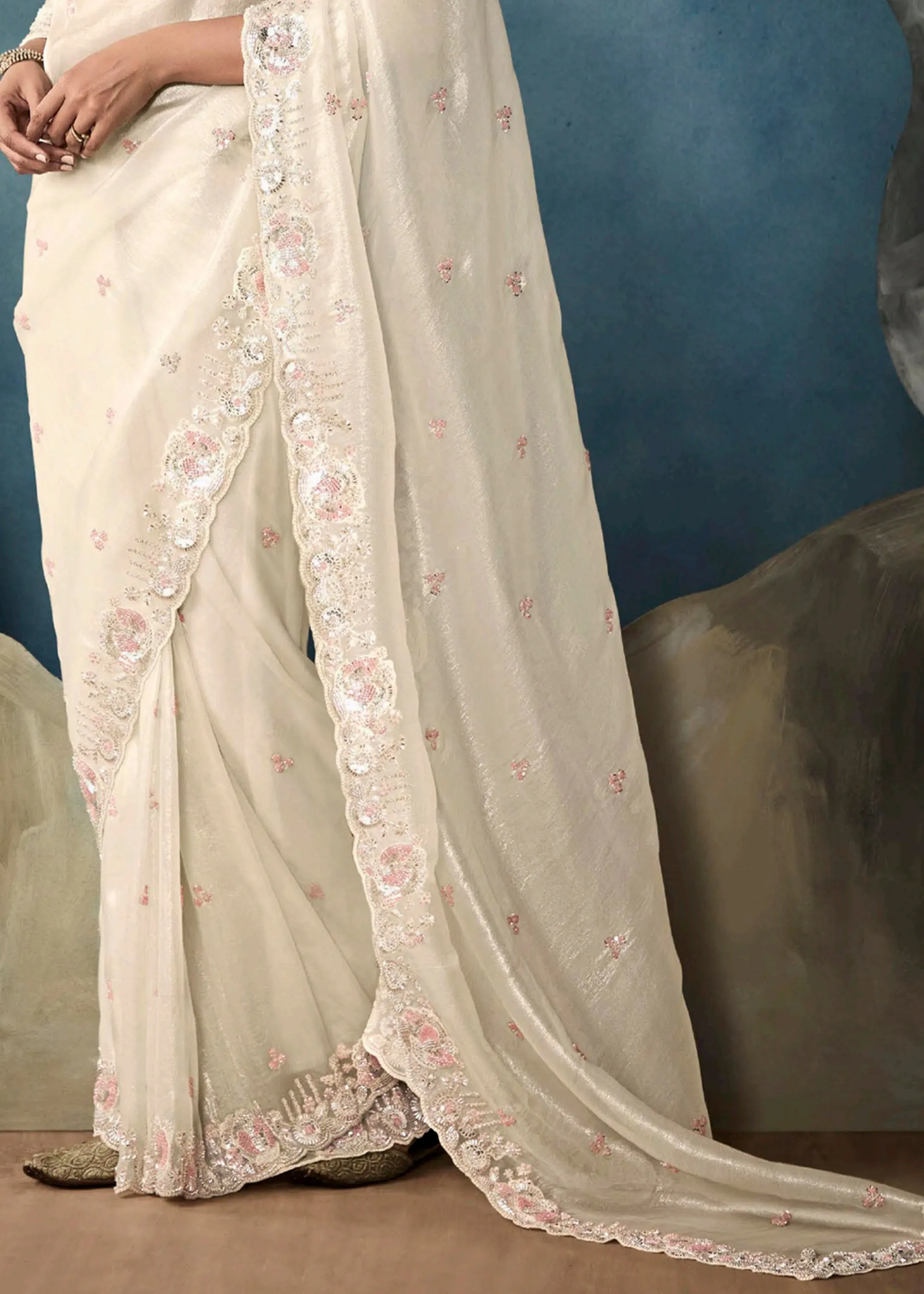 Snow White Embroidered Designer Tissue Silk Saree
