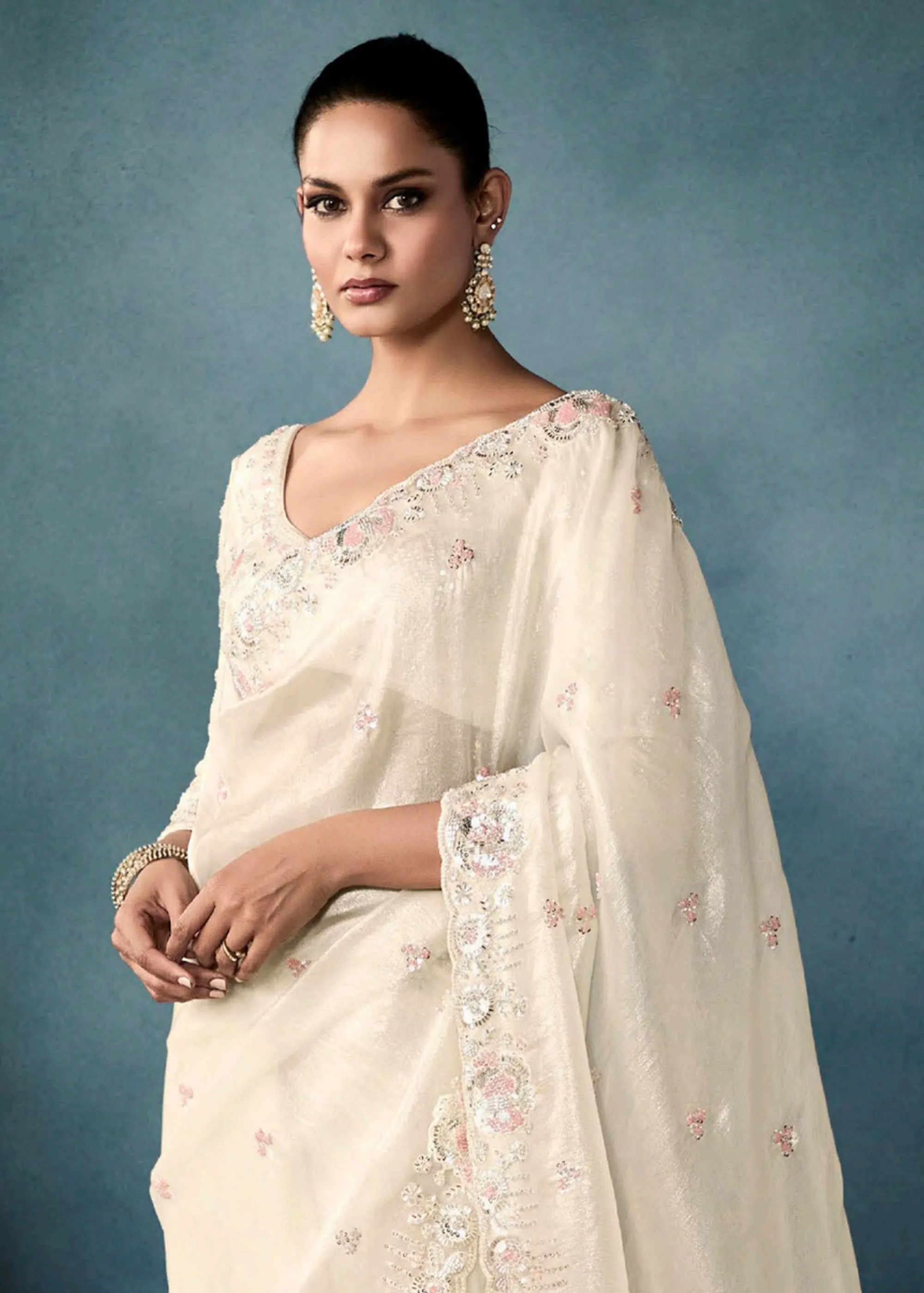 Snow White Embroidered Designer Tissue Silk Saree