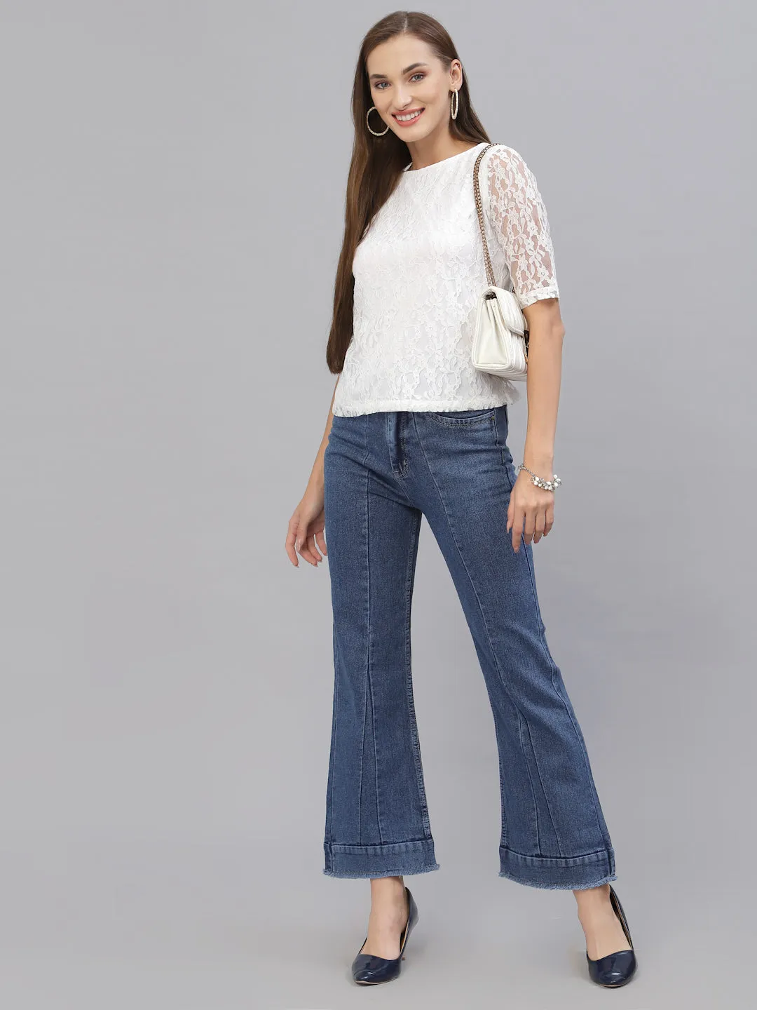 Style Quotient Women White Lace Insert Embroidered Floral Top