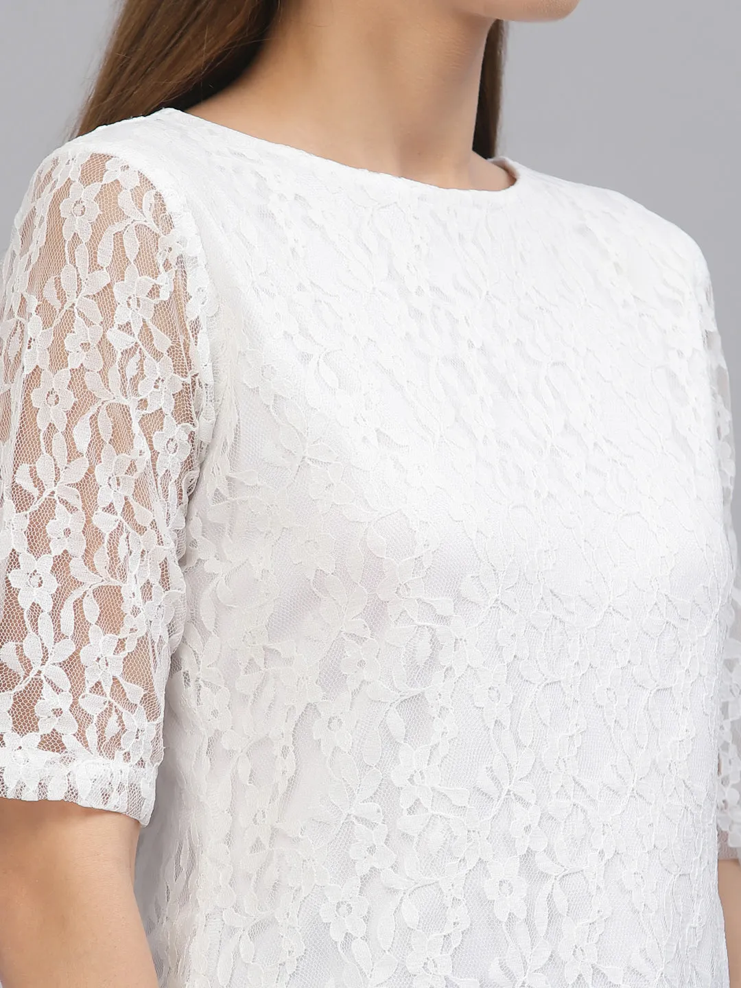 Style Quotient Women White Lace Insert Embroidered Floral Top