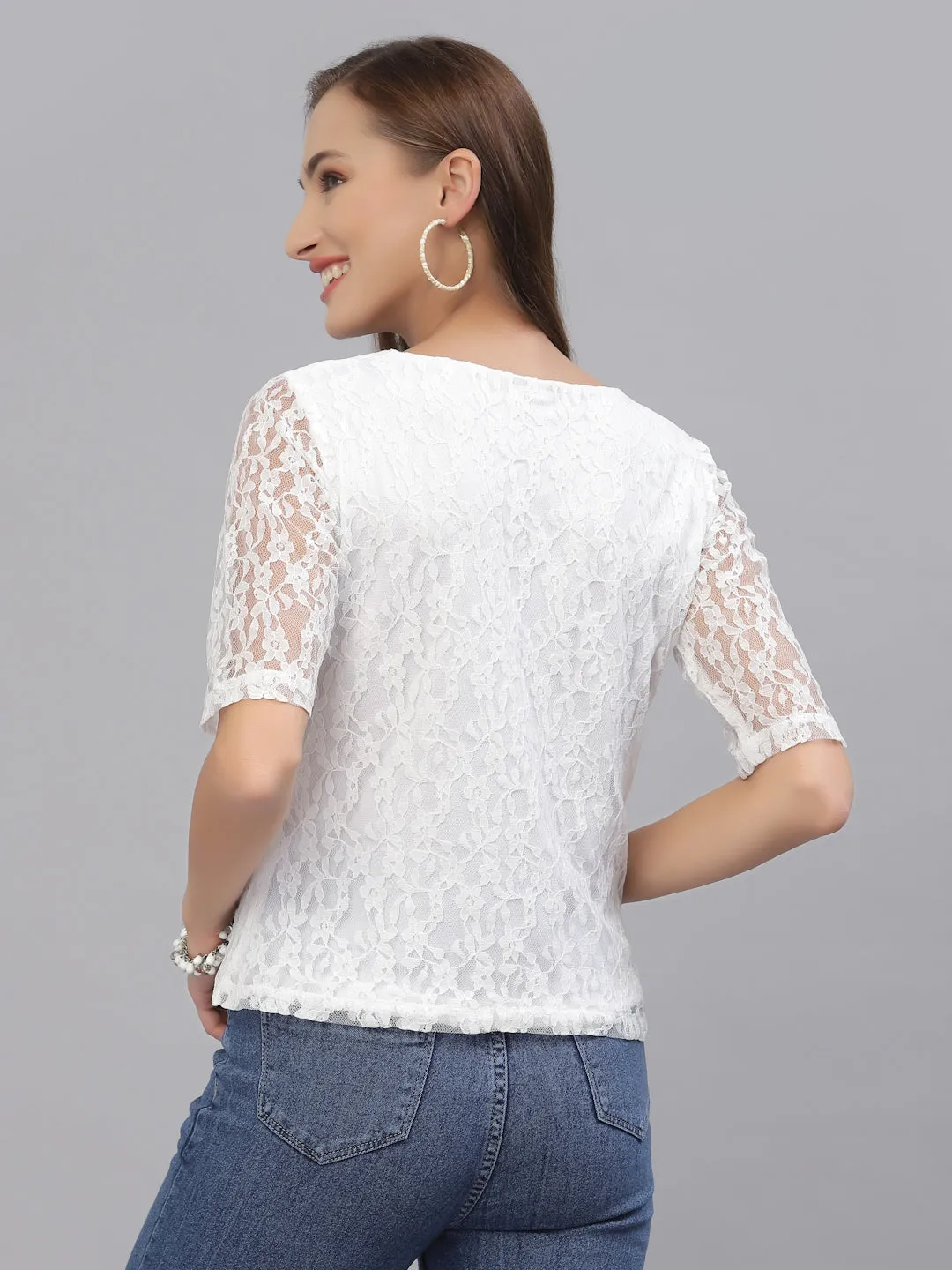 Style Quotient Women White Lace Insert Embroidered Floral Top