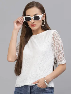 Style Quotient Women White Lace Insert Embroidered Floral Top