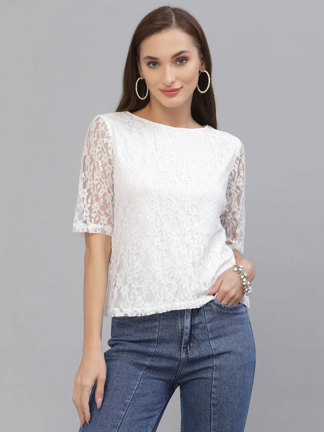 Style Quotient Women White Lace Insert Embroidered Floral Top
