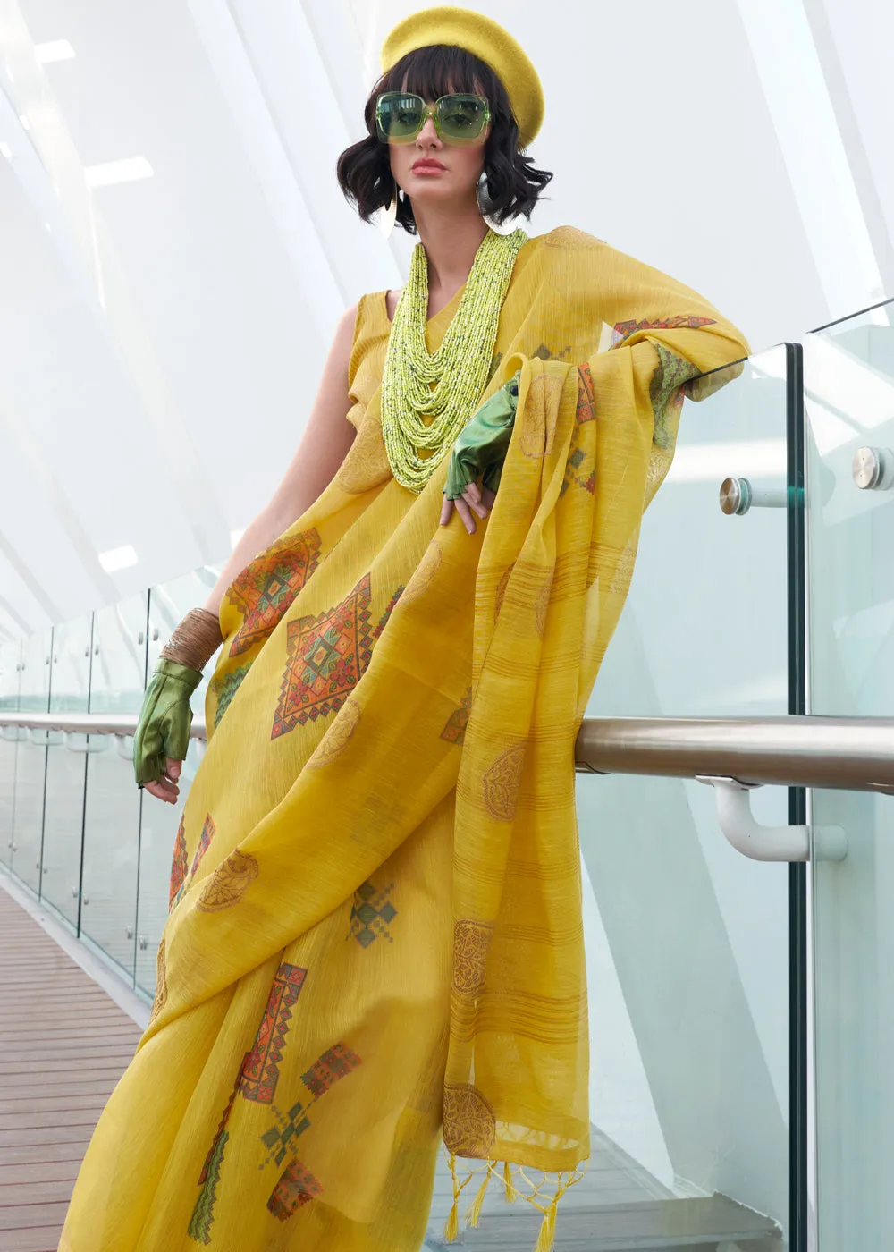 Sun Flower Yellow Woven Linen Silk Saree With Print