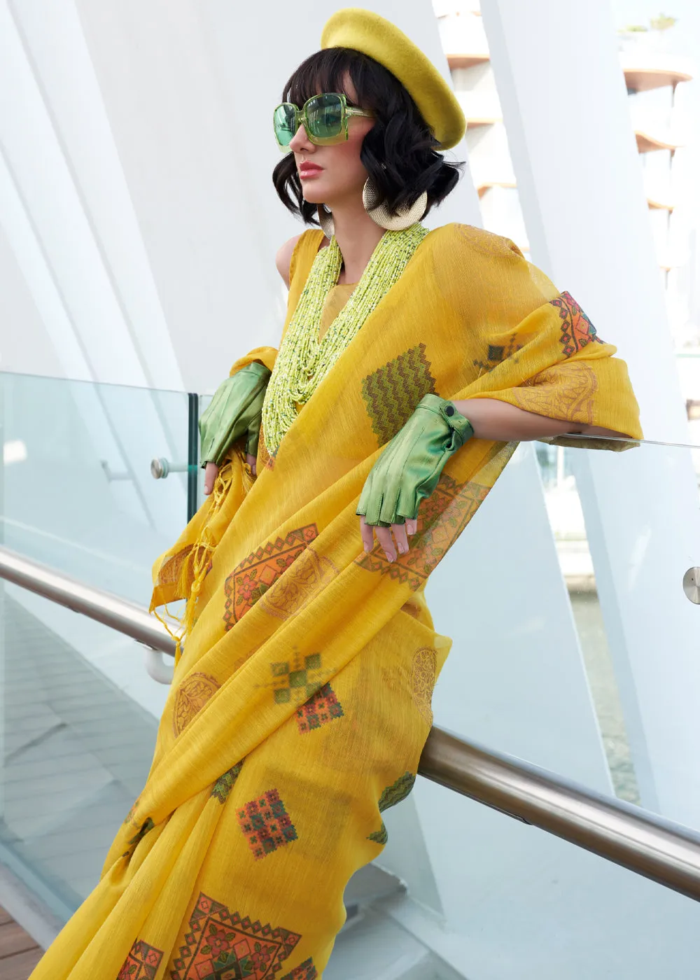 Sun Flower Yellow Woven Linen Silk Saree With Print