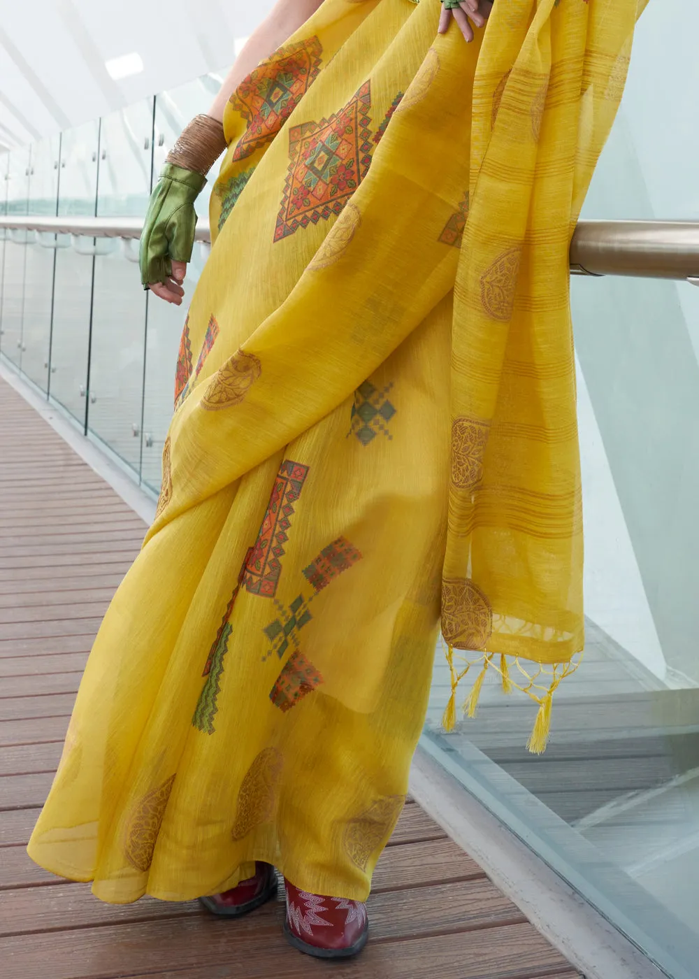 Sun Flower Yellow Woven Linen Silk Saree With Print