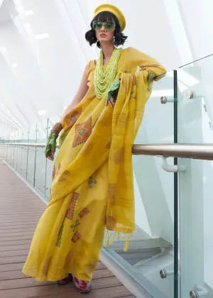 Sun Flower Yellow Woven Linen Silk Saree With Print