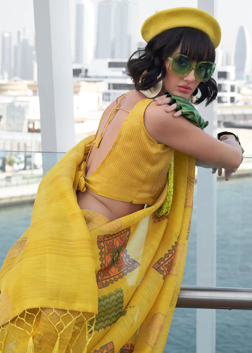 Sun Flower Yellow Woven Linen Silk Saree With Print