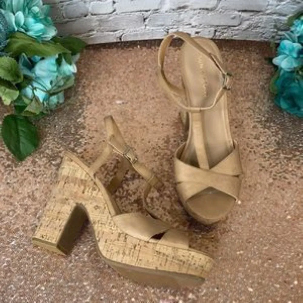 Sun   Stone Tan Jamie T-Strap Platform Dress Sandals 10