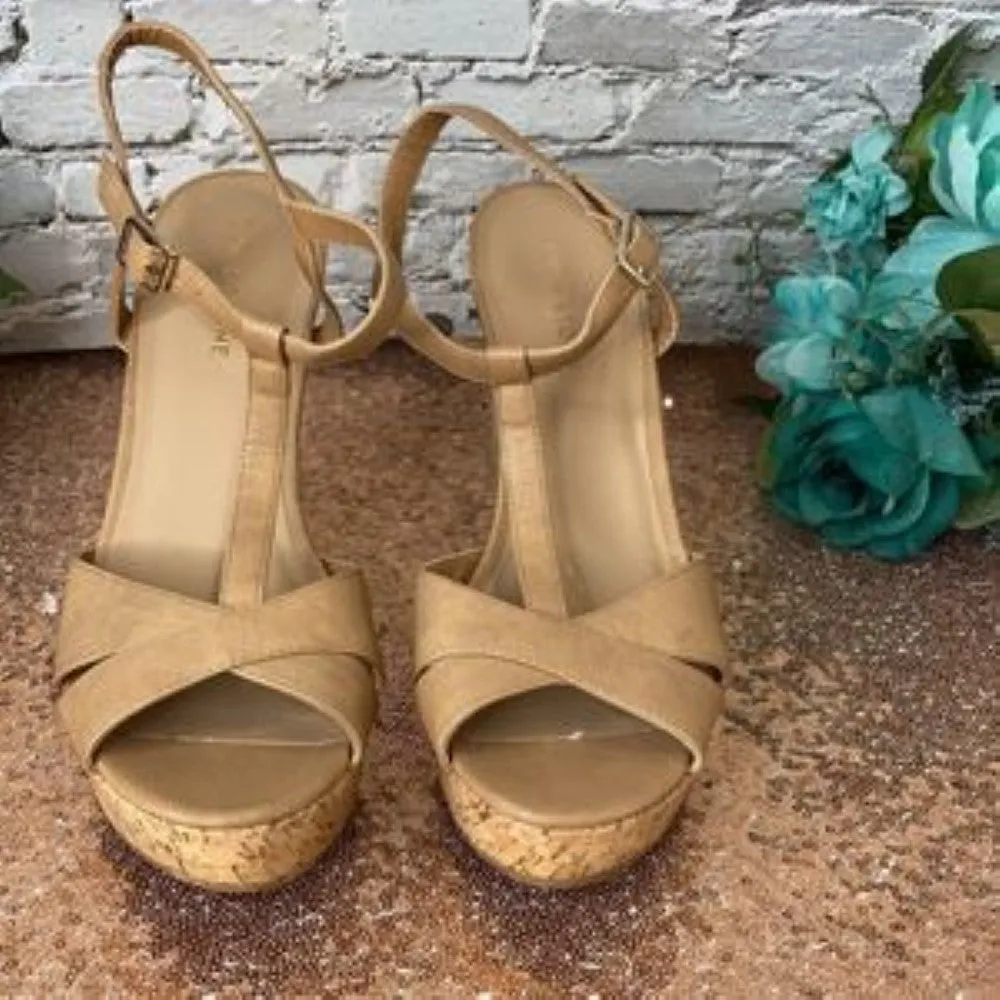 Sun   Stone Tan Jamie T-Strap Platform Dress Sandals 10