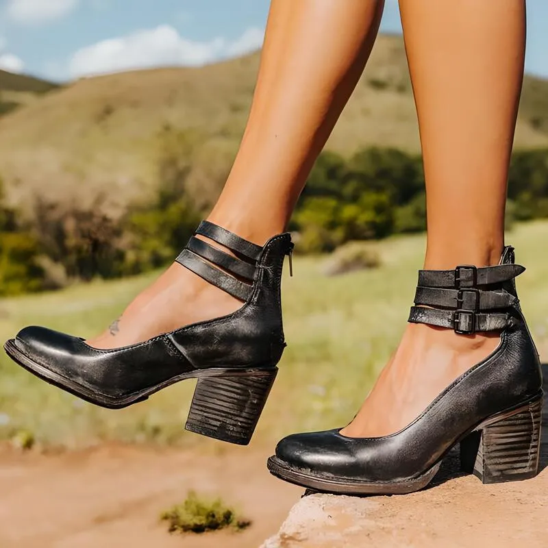 Vintage Block Heel Sandals with Double Ankle Straps