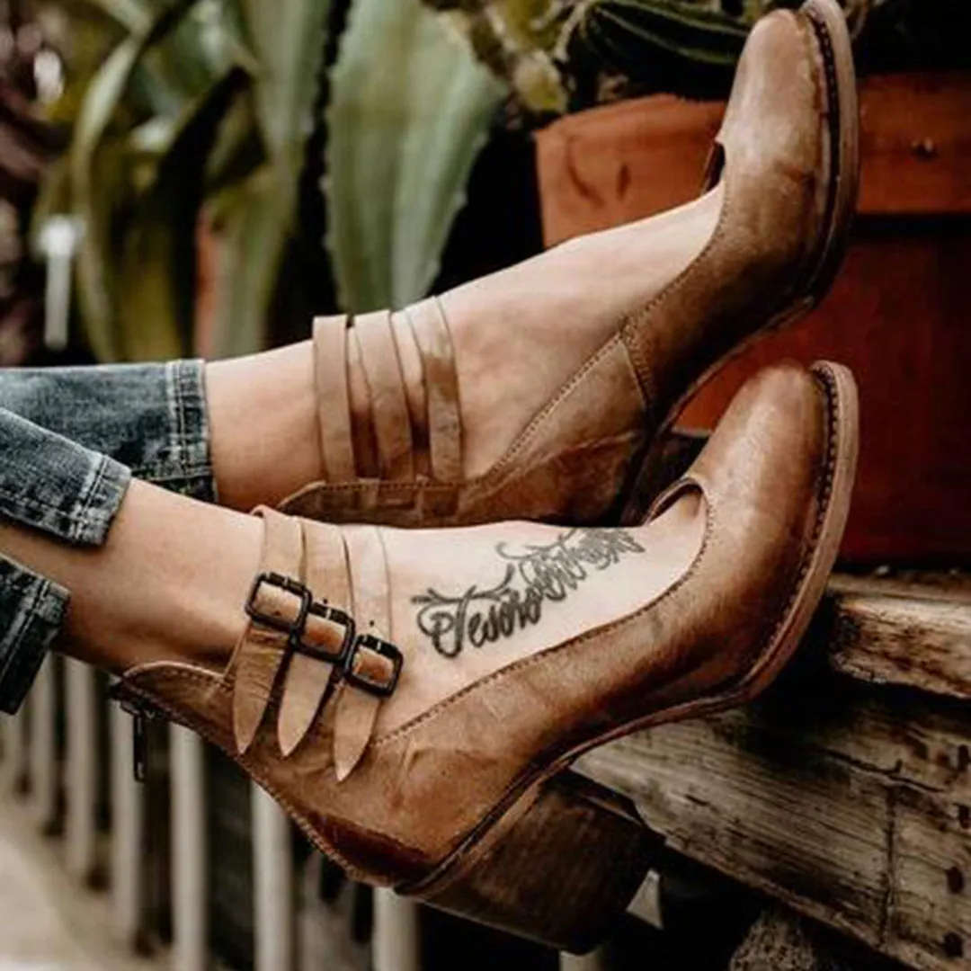 Vintage Block Heel Sandals with Double Ankle Straps