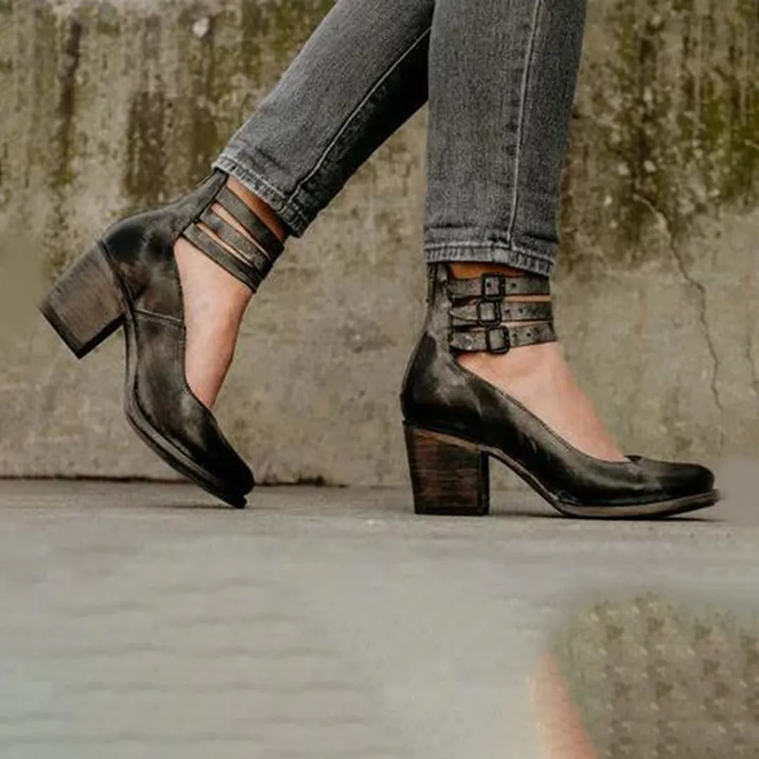 Vintage Block Heel Sandals with Double Ankle Straps
