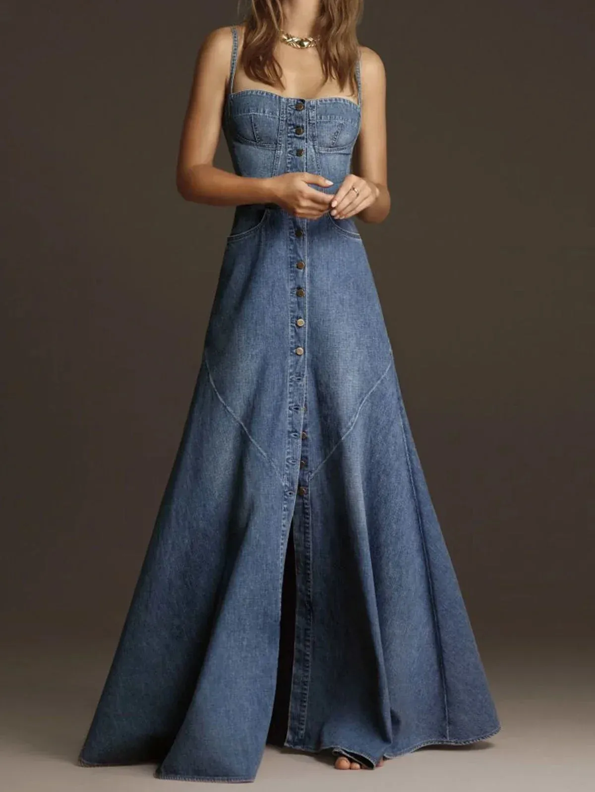 Vintage Denim Spaghetti Strap A-Line Dress