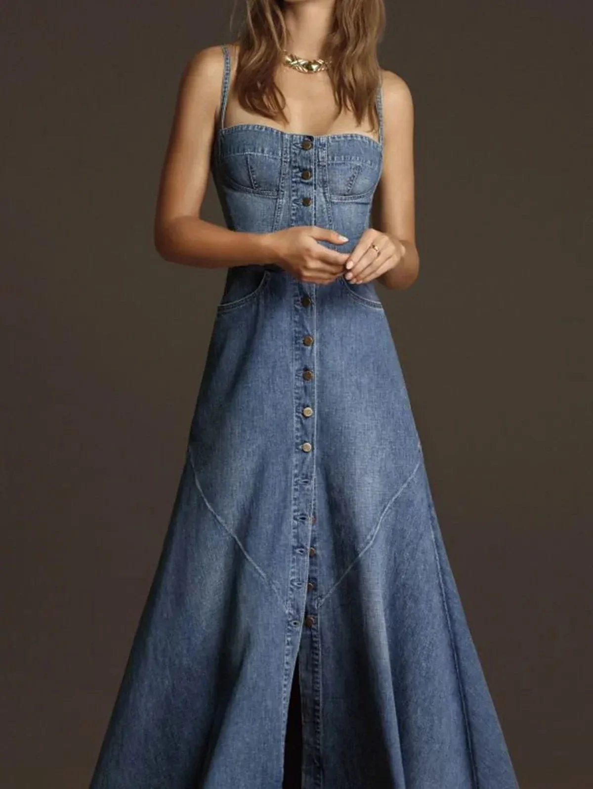 Vintage Denim Spaghetti Strap A-Line Dress
