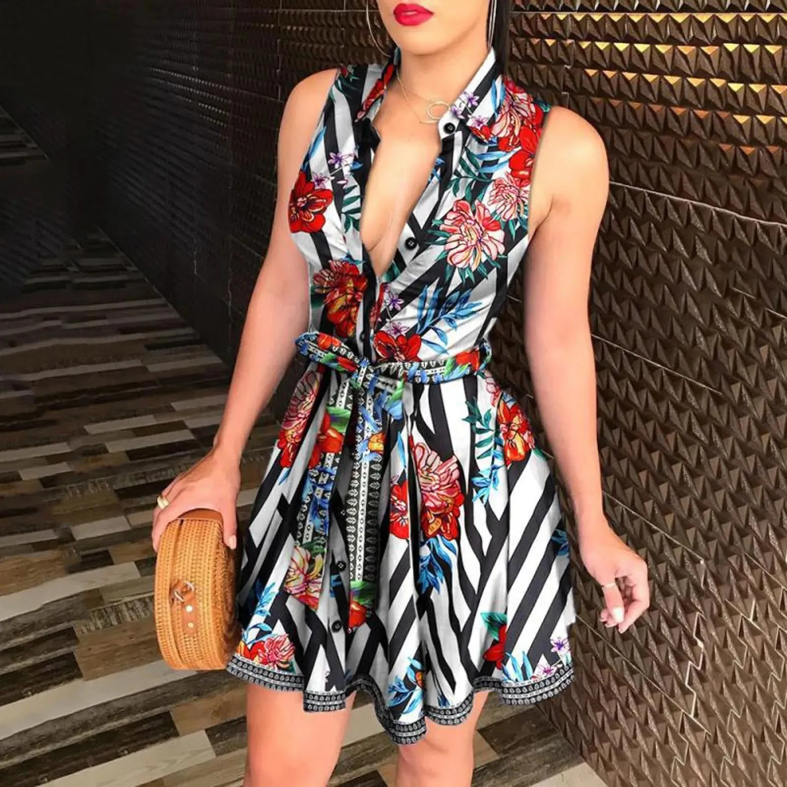 Vintage Polka Dot Mini Dress – Elegant V-Neck A-Line Dress for Women