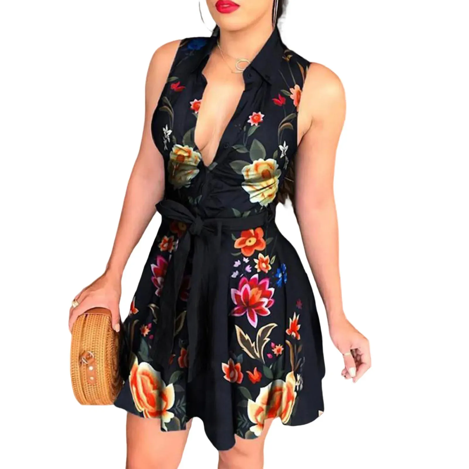 Vintage Polka Dot Mini Dress – Elegant V-Neck A-Line Dress for Women