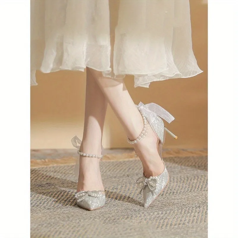 VougeVamp Silvery Stiletto High Heels – Elegant French Style Pointed Toe Pumps with Crystal Embellishments