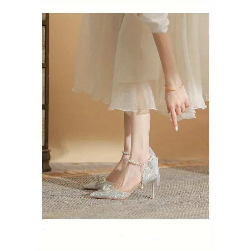 VougeVamp Silvery Stiletto High Heels – Elegant French Style Pointed Toe Pumps with Crystal Embellishments