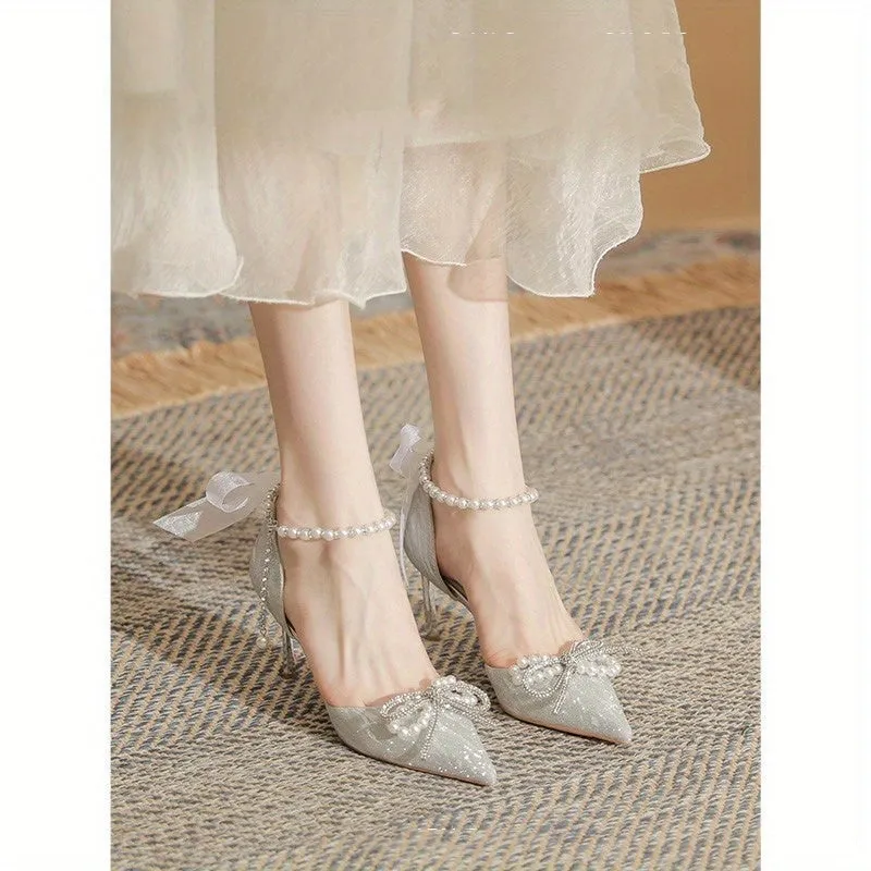 VougeVamp Silvery Stiletto High Heels – Elegant French Style Pointed Toe Pumps with Crystal Embellishments