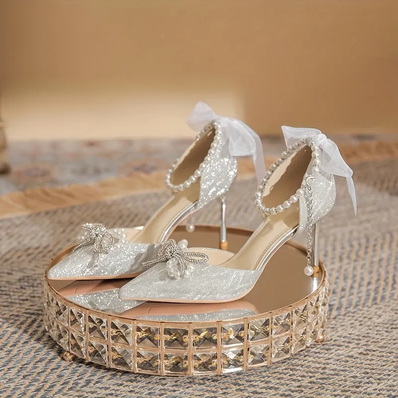 VougeVamp Silvery Stiletto High Heels – Elegant French Style Pointed Toe Pumps with Crystal Embellishments