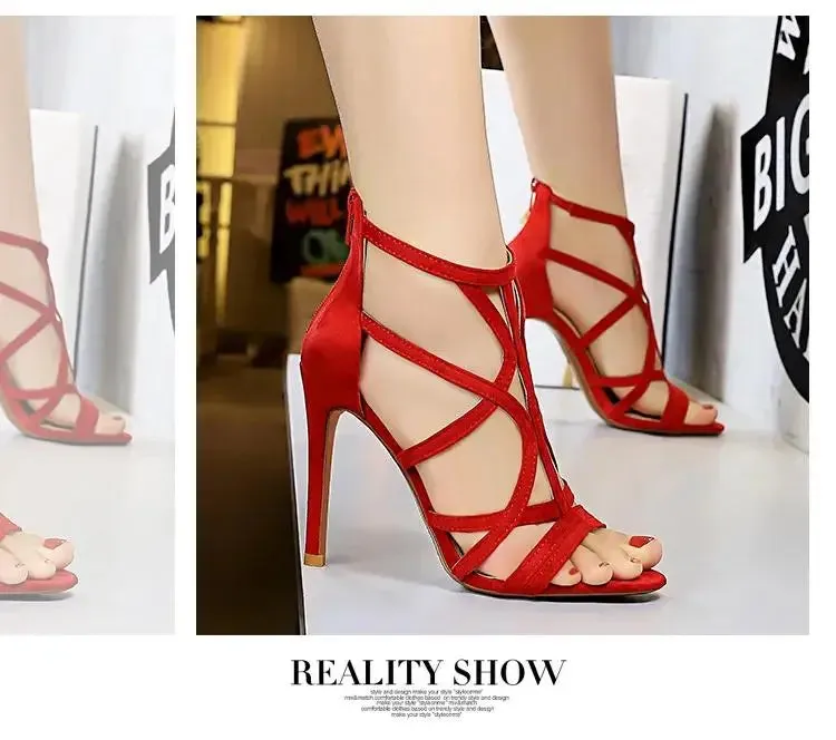 Women Shoes Summer Breathable zipper sandals Mujer Sandalias Hollow Out Open-toed Roman High Heels Sandals Female Club Shoes