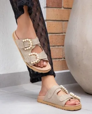 Women's Beige Checkered Buckle Sandals with Pearl Trim