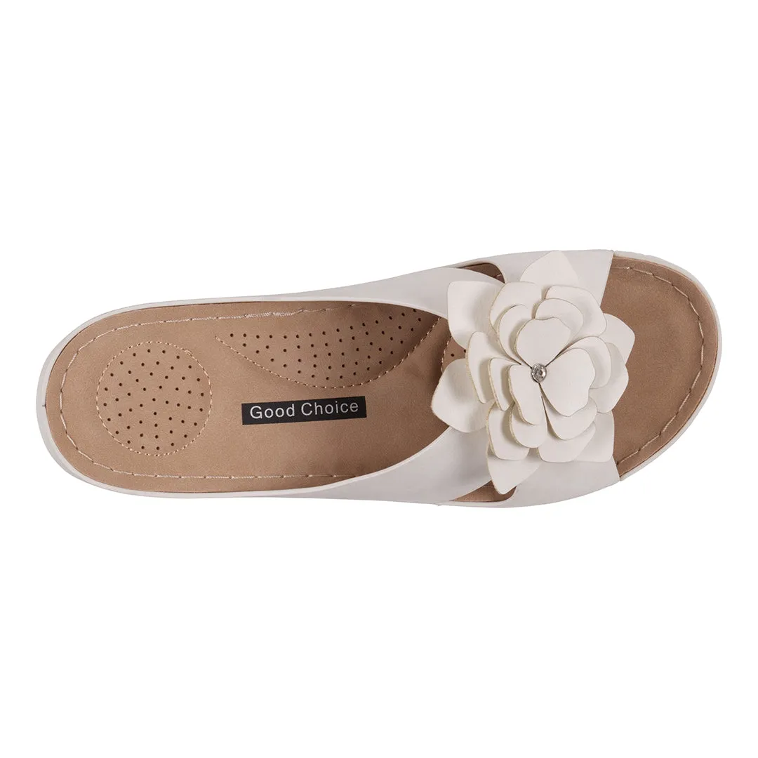 Women's Claire White Flower Rosette Comfort Sandals