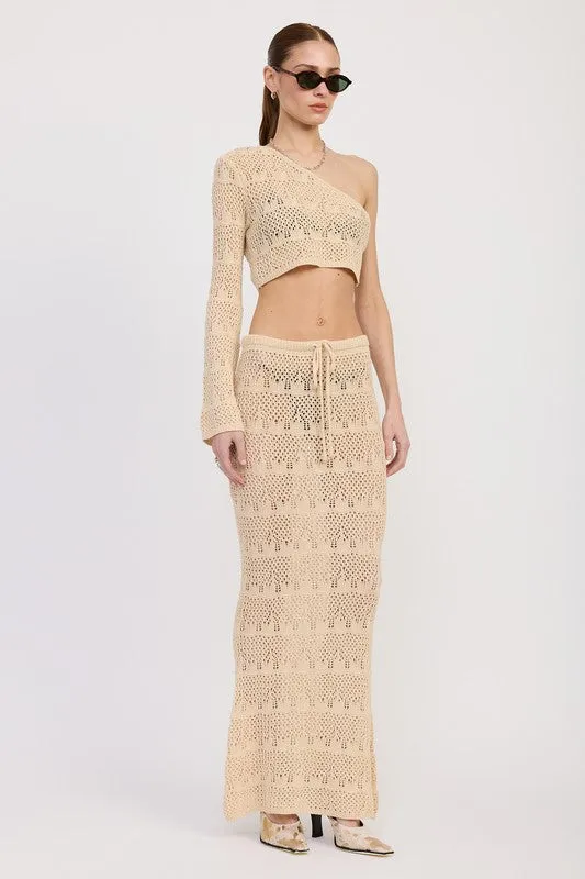 Women's Cream Crochet Maxi Skirt with Waist Drawstrings