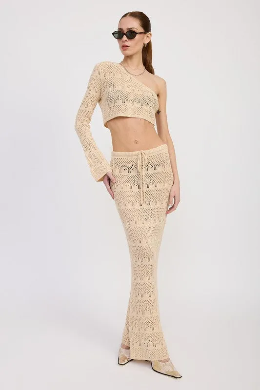 Women's Cream Crochet Maxi Skirt with Waist Drawstrings