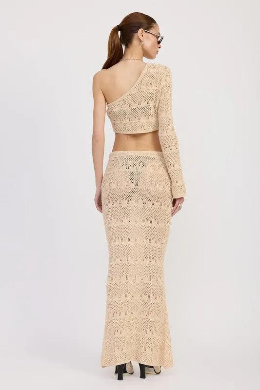 Women's Cream Crochet Maxi Skirt with Waist Drawstrings