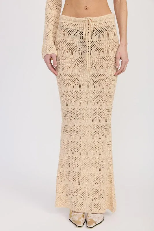 Women's Cream Crochet Maxi Skirt with Waist Drawstrings