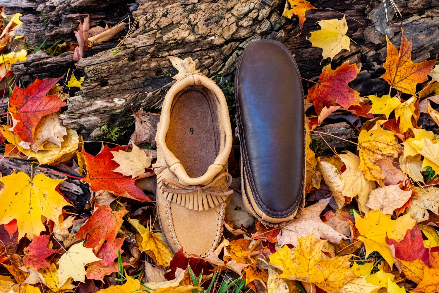 Women's Earthing Moccasins Moose Hide Fringed with Heavy Oil Tan Soles