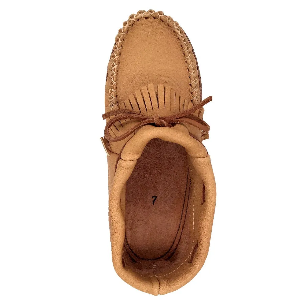 Women's Earthing Moccasins Moose Hide Fringed with Heavy Oil Tan Soles