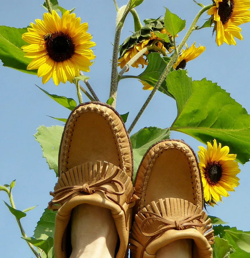 Women's Earthing Moccasins Moose Hide Fringed with Heavy Oil Tan Soles