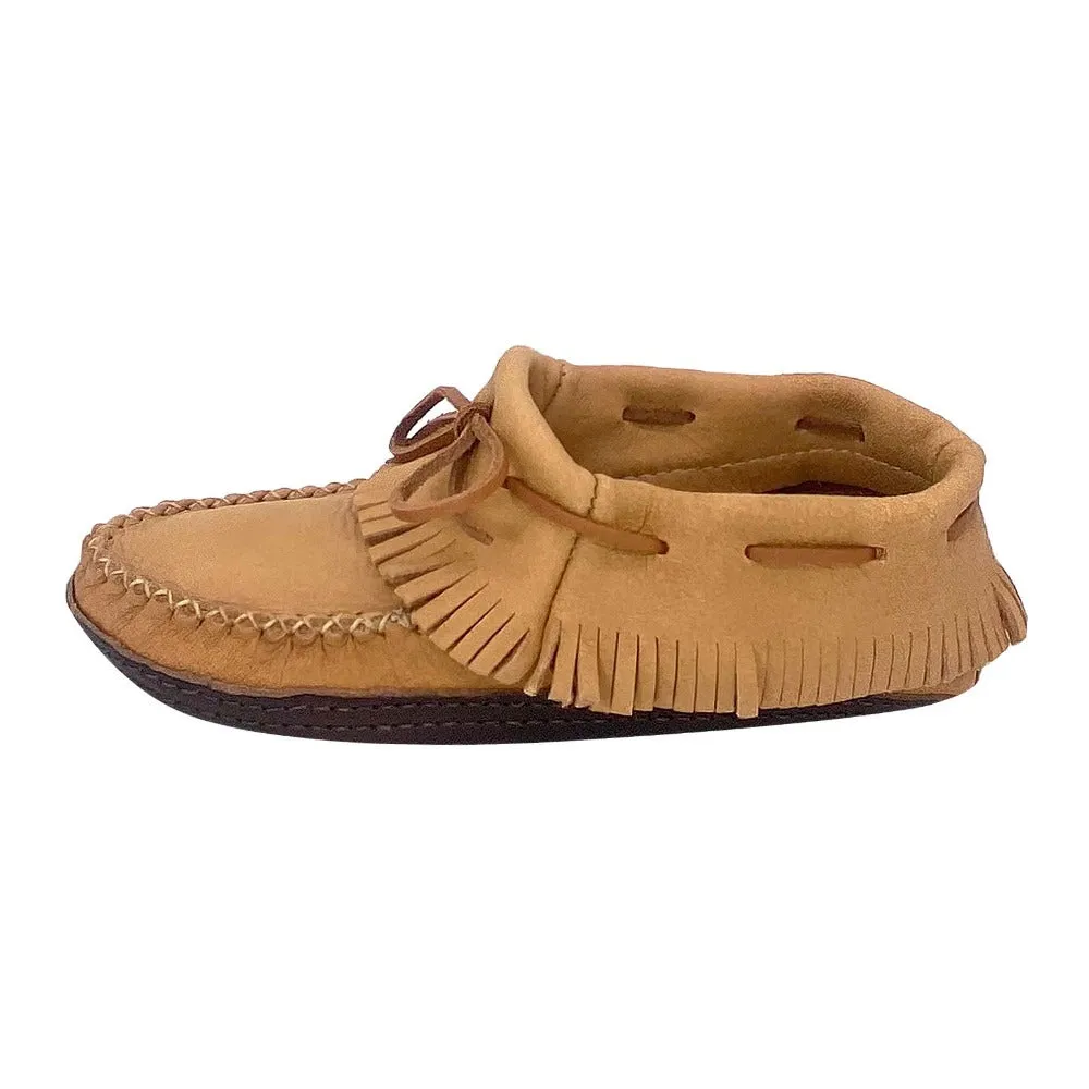 Women's Earthing Moccasins Moose Hide Fringed with Heavy Oil Tan Soles