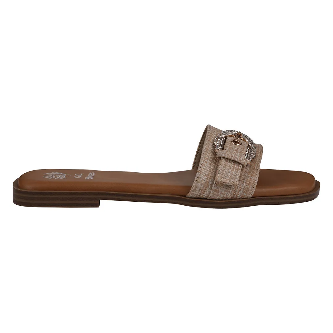 Women's Kenna Tan Embellished Buckle Flat Sandals