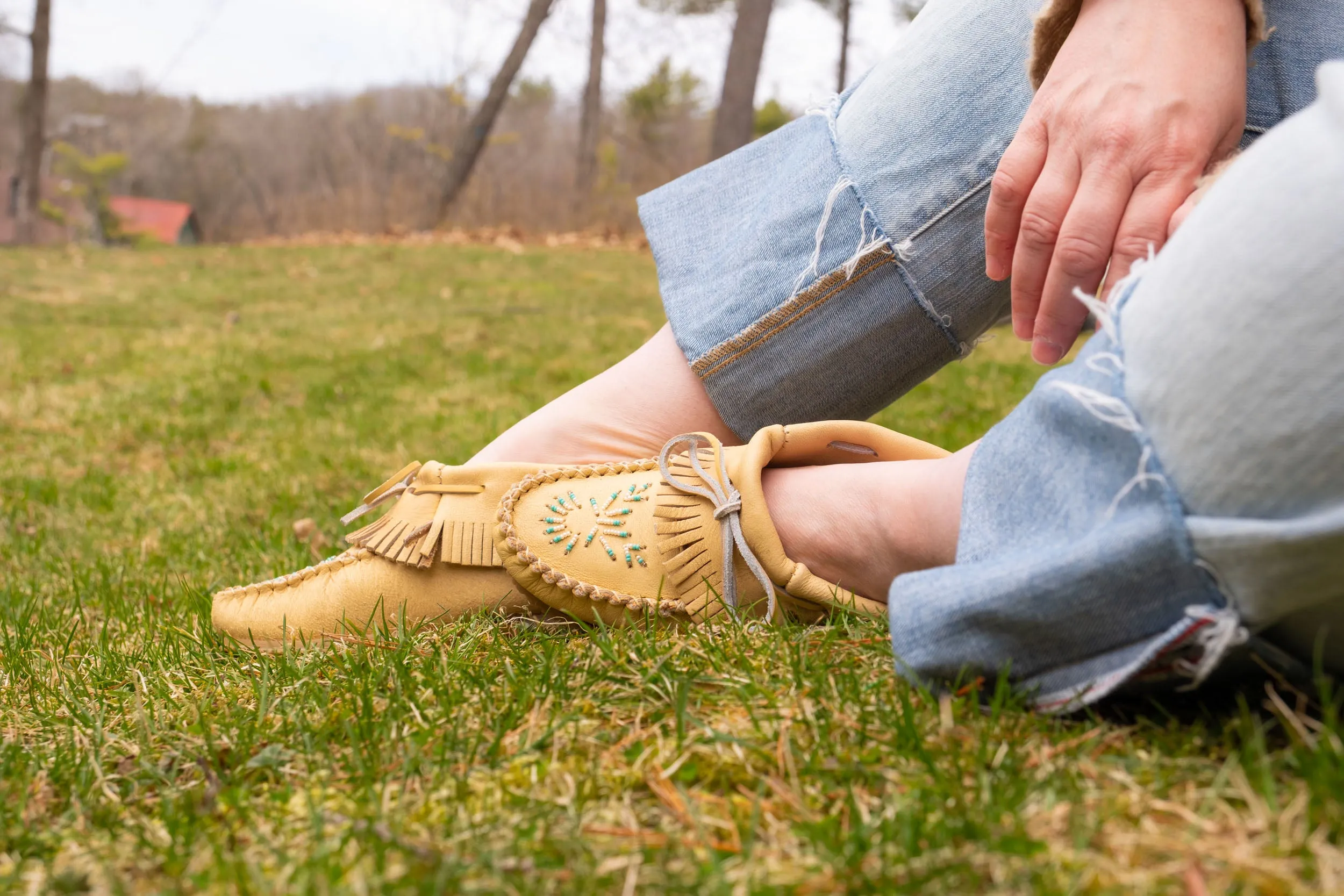Women's Moose Hide Beaded & Fringed Moccasin Shoes