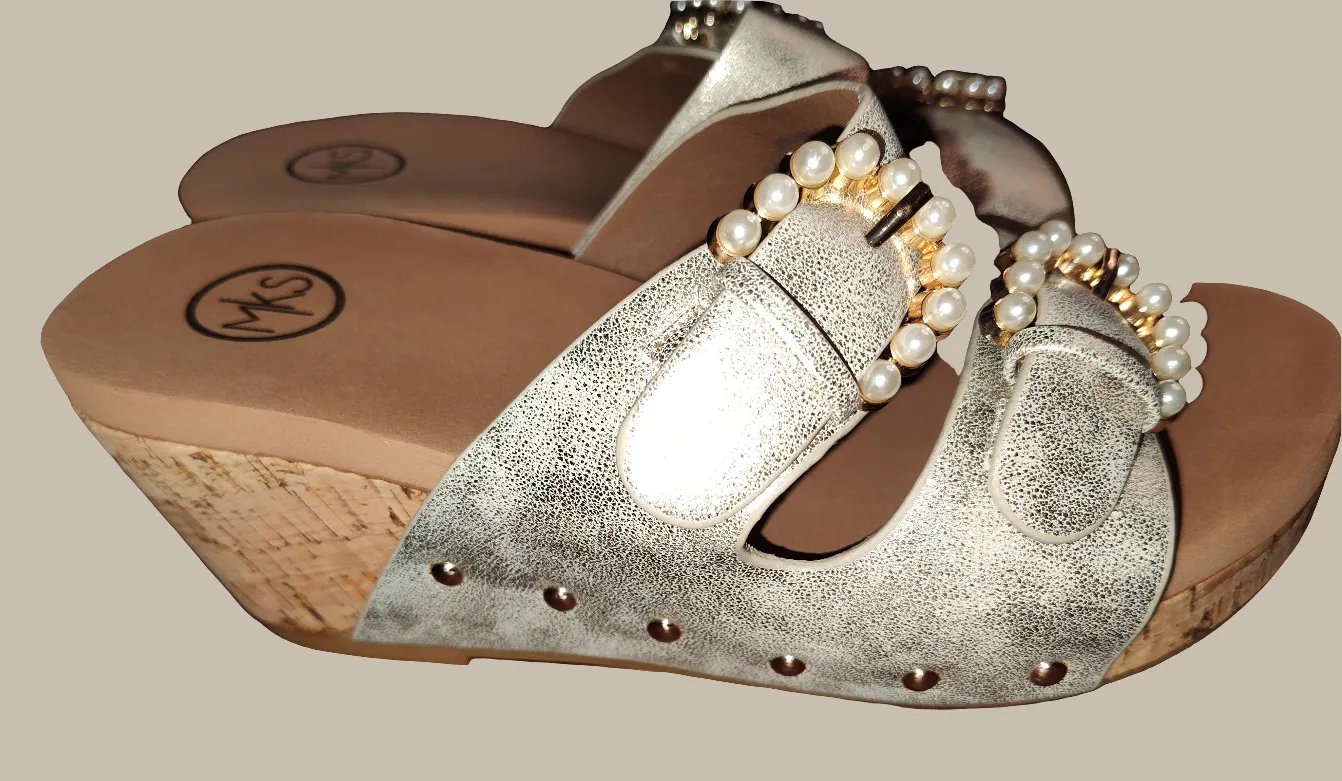 Women's Pale Gold Wedge Sandals with Pearl Trim