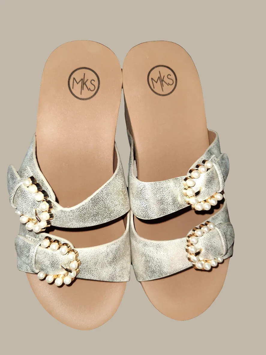 Women's Pale Gold Wedge Sandals with Pearl Trim