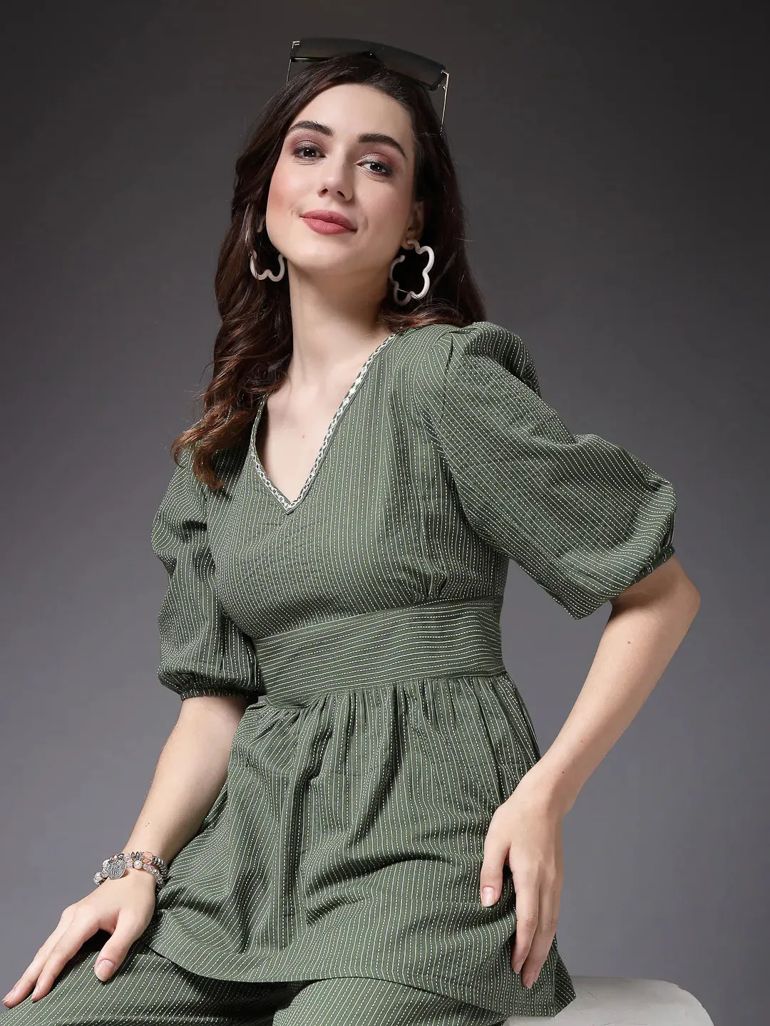 Women's Self Woven Kantha Cotton Co-Ord Set-GREENKATHACORD