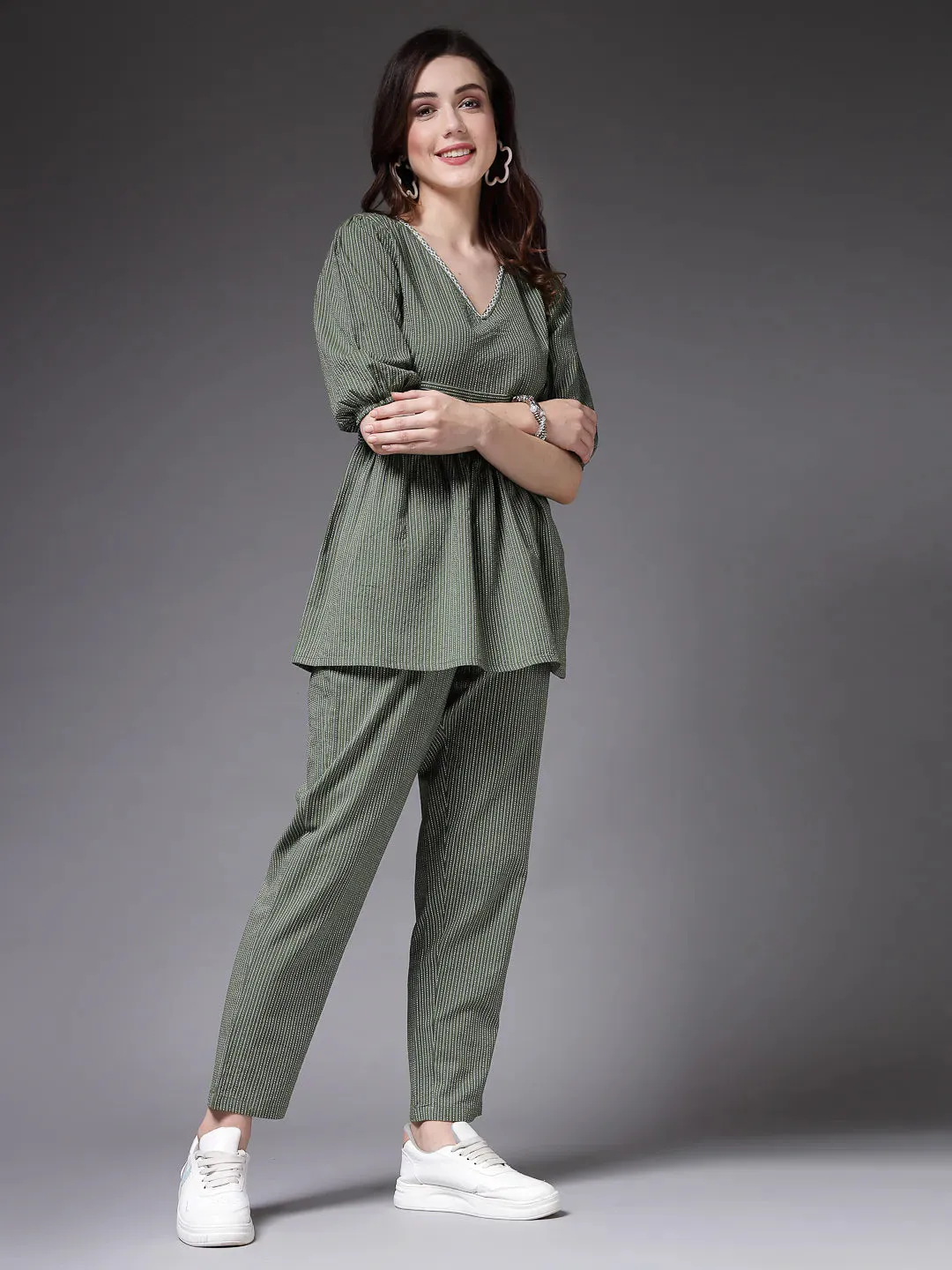 Women's Self Woven Kantha Cotton Co-Ord Set-GREENKATHACORD