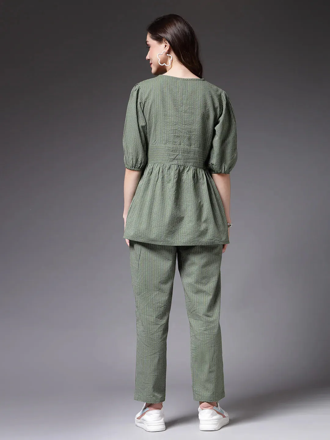 Women's Self Woven Kantha Cotton Co-Ord Set-GREENKATHACORD