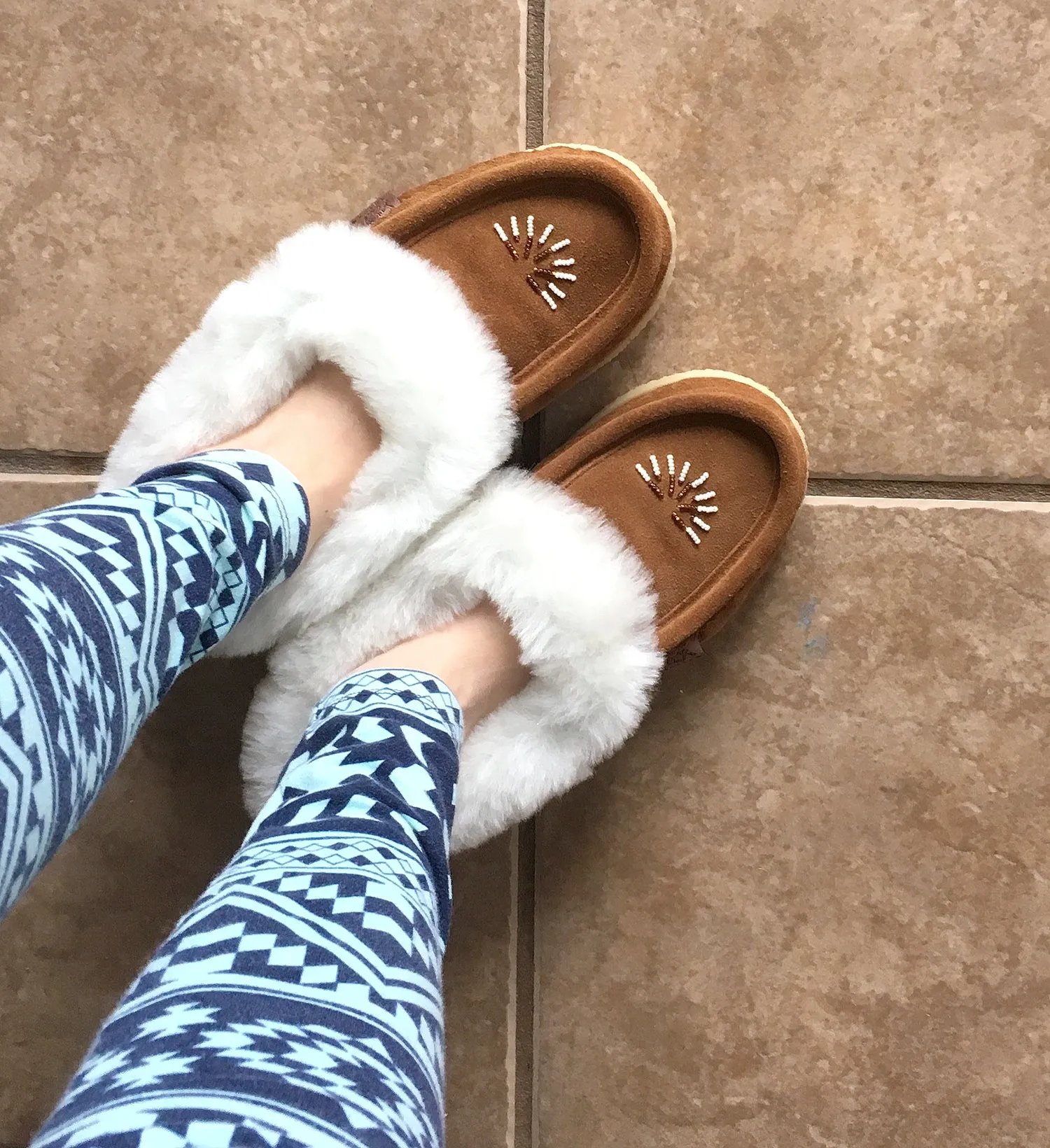Women's Sheepskin Lined Beaded Crepe Sole Moccasins