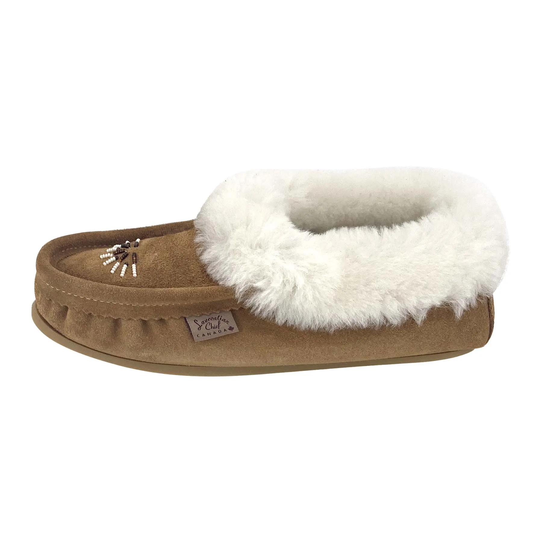 Women's Sheepskin Lined Beaded Crepe Sole Moccasins