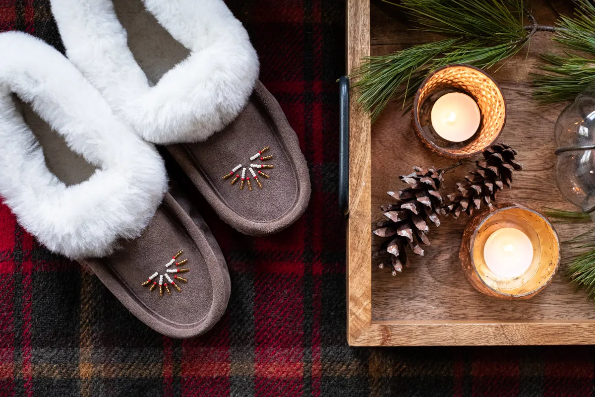 Women's Sheepskin Lined Beaded Crepe Sole Moccasins